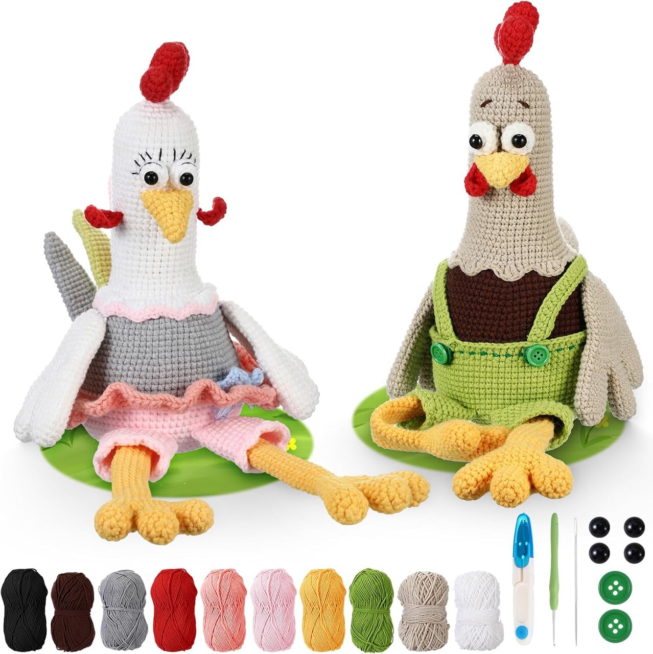 Beginner Crochet Kit with 40% Extra Yarn – 8.2” Easter Rooster & Hen Amigurumi DIY Set for Adults, Men & Women – Complete Craft Set with Yarn, Hook, and Safety Eyes